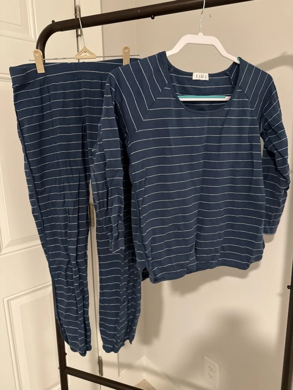 Lake Pajama Pima Long-Long Set in Navy Boating Stripe - Picture 4 of 5